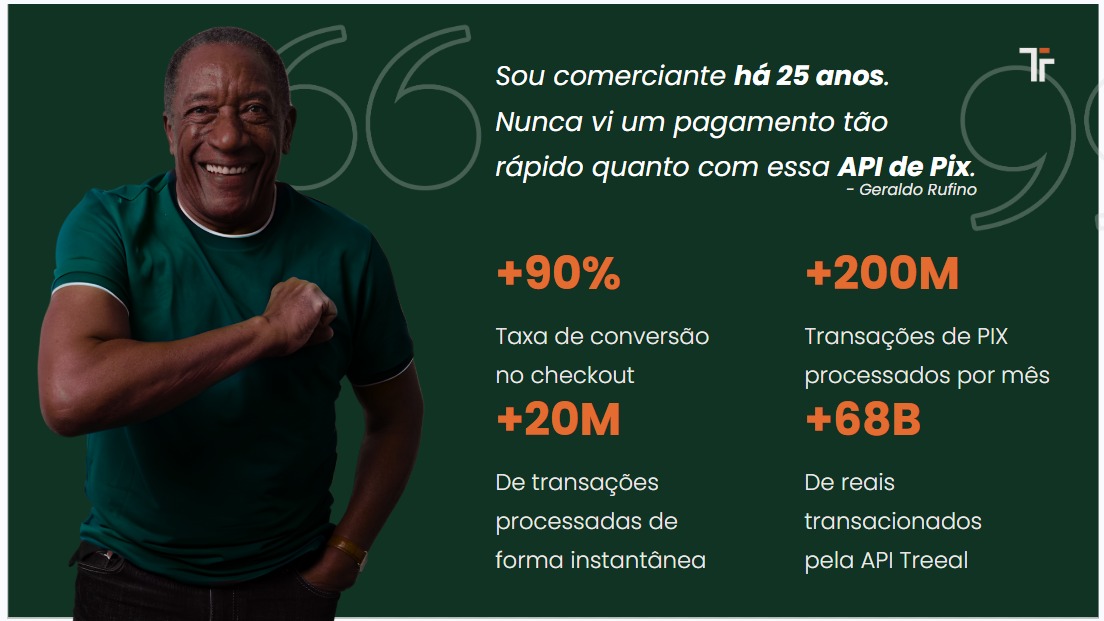 Depoimento de Geraldo Rufino sobre a API de Pix da Treeal, com métricas de +90% taxa de conversão, +200M transações de Pix por mês, +20M transações instantâneas e +68B de reais transacionados